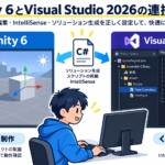 Unity 6とVisual Studio 2026の連携設定を表したイメージ。C#スクリプトの編集、IntelliSense、ソリューション生成を示している